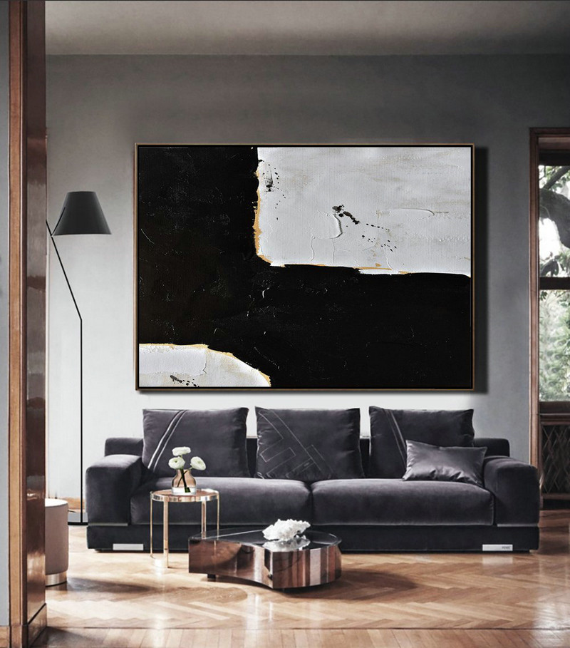 Large Paintings For Living Room,Horizontal Palette Knife Minimal Canvas Art Painting Black White Beige - Original Abstract Painting Canvas Art